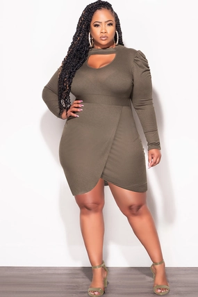 Light Fit Wear Final Sale Plus Size Long Sleeve Wrap BodyCon Dress with Bust Cutout in Olive (Dress only)