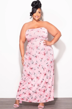 Final Sale Plus Size Long Tube Dress in Pink Floral Print Functional Fashion