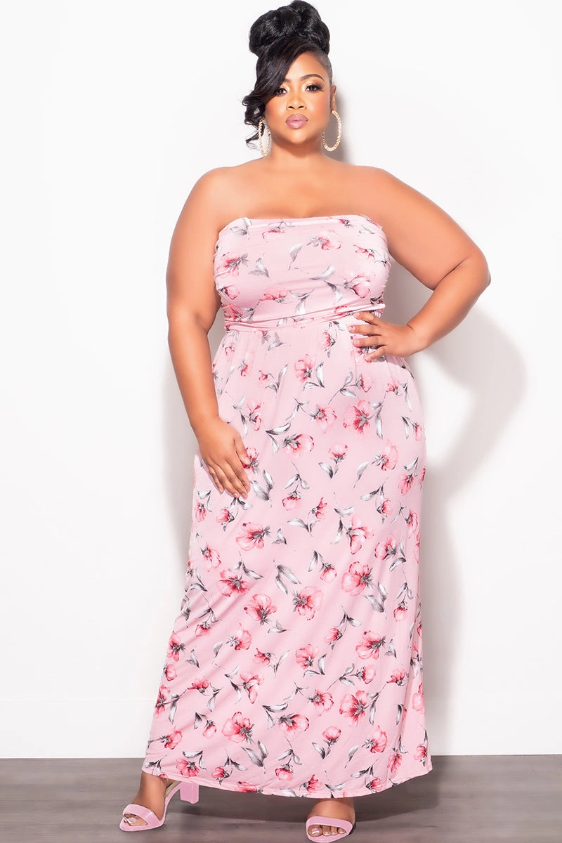 Final Sale Plus Size Long Tube Dress in Pink Floral Print Minimal Edge Sleek Fit