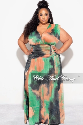 Final Sale Plus Size Maxi Dress with slits  in Green Tie Dye Comfortable Fashion Reflective details