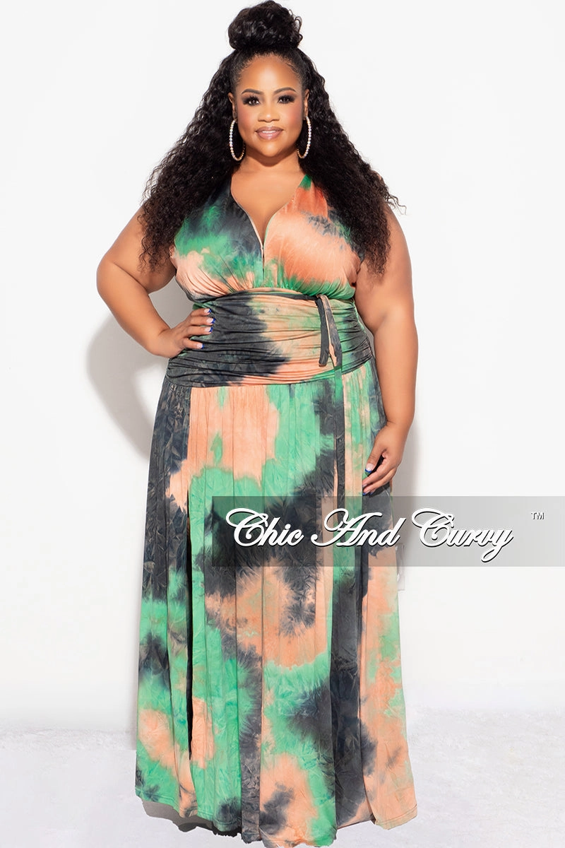 High Durability Thread Stretchable Final Sale Plus Size Maxi Dress with slits  in Green Tie Dye