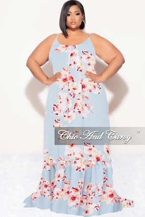 Final Sale Plus Size Maxi Dress with Spaghetti Straps in Blue Floral Print Breathable Wearable