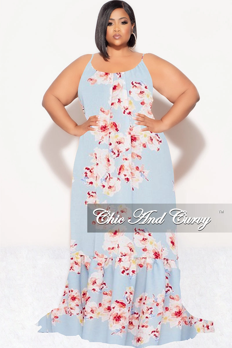Final Sale Plus Size Maxi Dress with Spaghetti Straps in Blue Floral Print Breathable Wearable