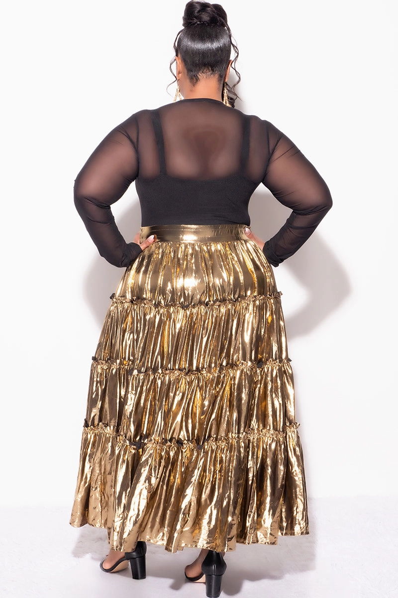 Stretch Flex Cozy Style Final Sale Plus Size Maxi Tiered Skirt in Metallic Gold
