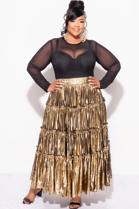 Final Sale Plus Size Maxi Tiered Skirt in Metallic Gold Chafe-Free Fit