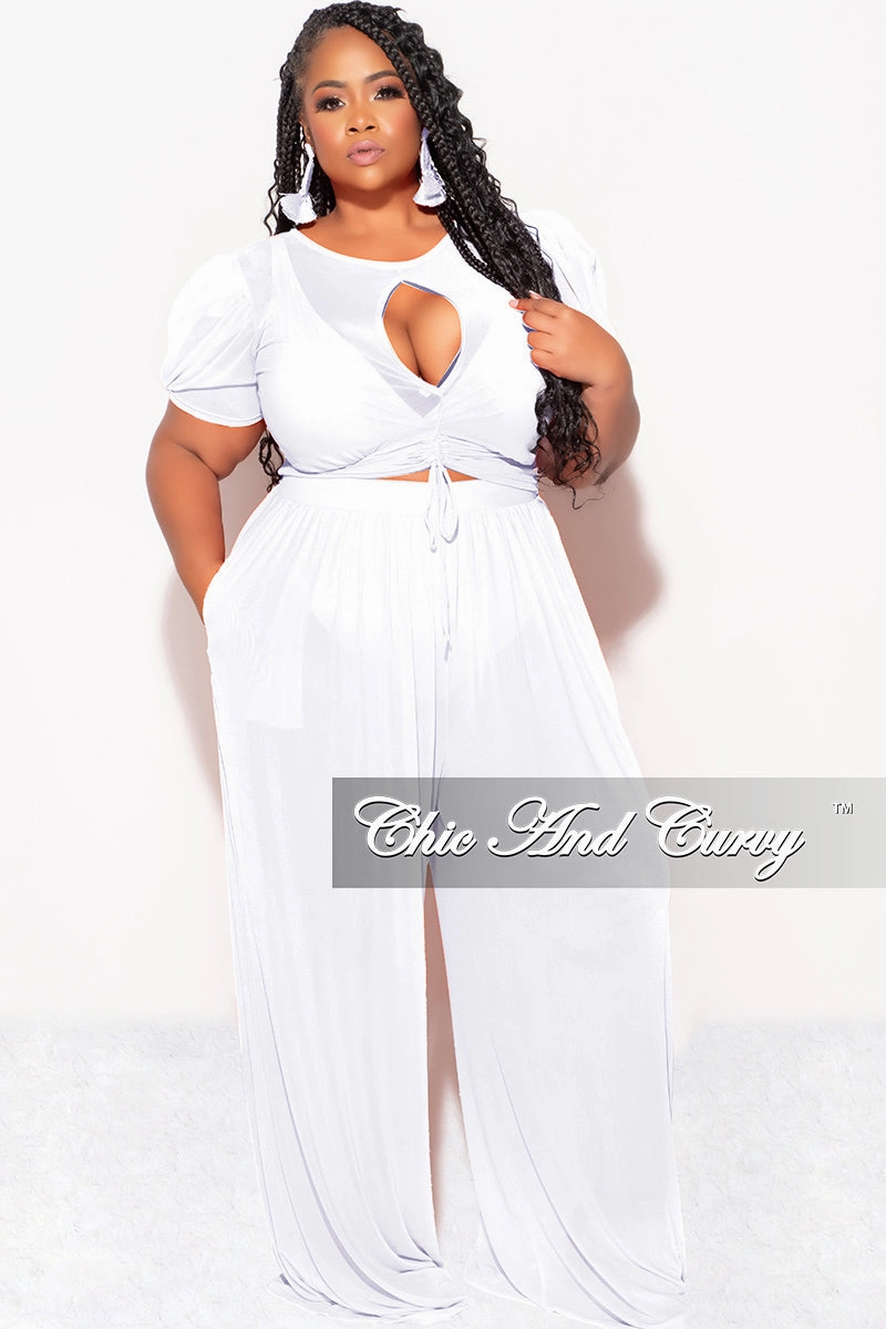NonBindingWaistline Final Sale Plus Size Mesh 3pc Set Top, Bralette, & Pant with Briefs in White