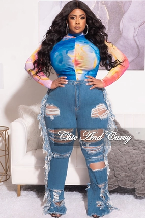 Slim Fit Wear Final Sale Plus Size Mesh Bodysuit with Middle Ruching in Multi-Color Sunrise Print