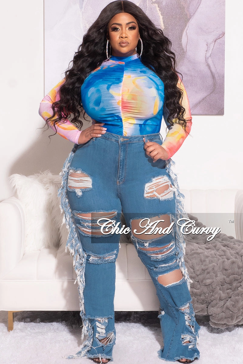 Final Sale Plus Size Mesh Bodysuit with Middle Ruching in Multi-Color Sunrise Print Abrasion Resistant Fabric