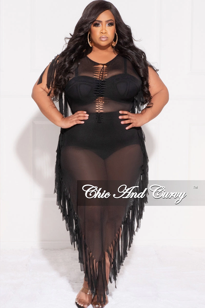 tailored look Final Sale Plus Size Mesh Cover-Up Dress with Cutout Front and Fringe Trim in Black