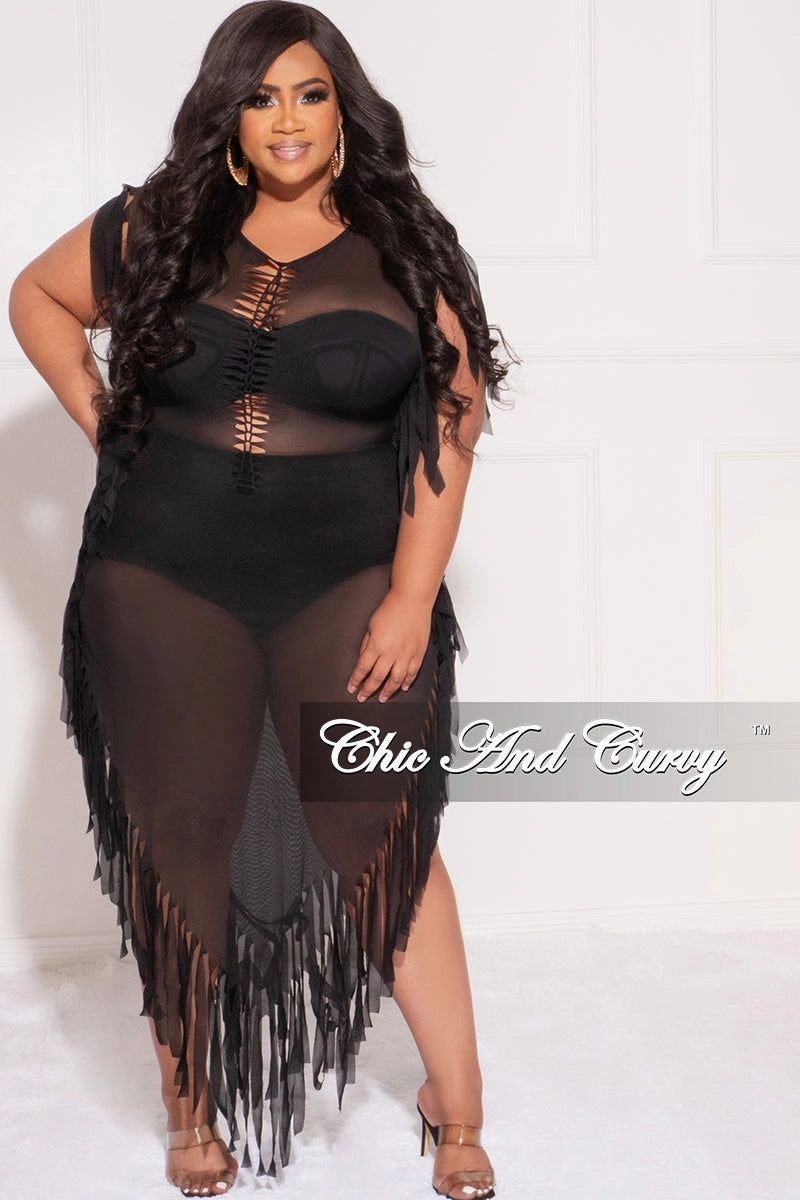 Final Sale Plus Size Mesh Cover-Up Dress with Cutout Front and Fringe Trim in Black Move Friendly Relaxed Style
