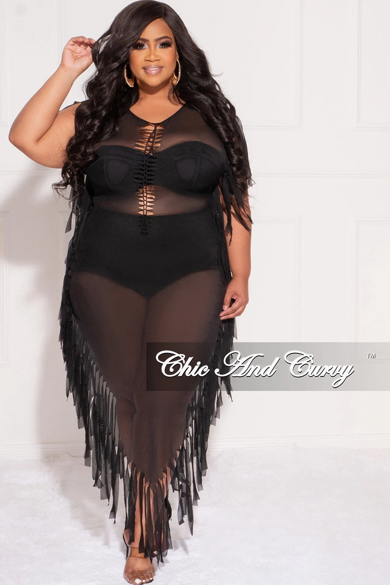 Simple Comfort Wear Final Sale Plus Size Mesh Cover-Up Dress with Cutout Front and Fringe Trim in Black