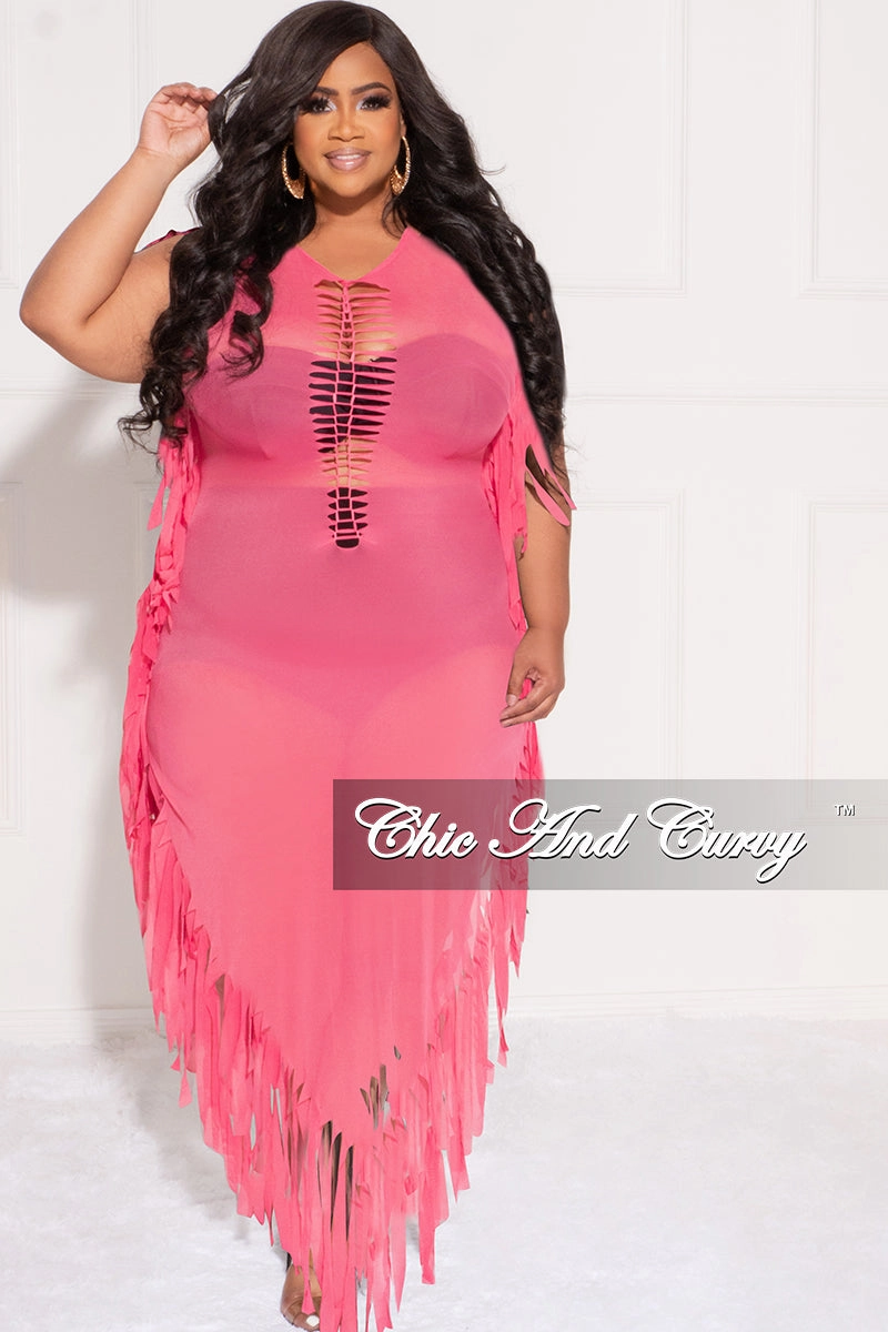 Final Sale Plus Size Mesh Cover-Up Dress with Cutout Front and Fringe Trim in Hot Pink No Ride Up Design