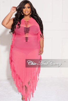 Final Sale Plus Size Mesh Cover-Up Dress with Cutout Front and Fringe Trim in Hot Pink No Ride Up Design