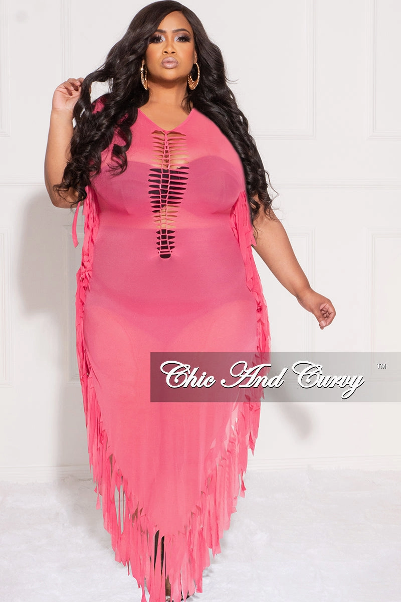 High Waist Stretch Water Repellent Coating Final Sale Plus Size Mesh Cover-Up Dress with Cutout Front and Fringe Trim in Hot Pink