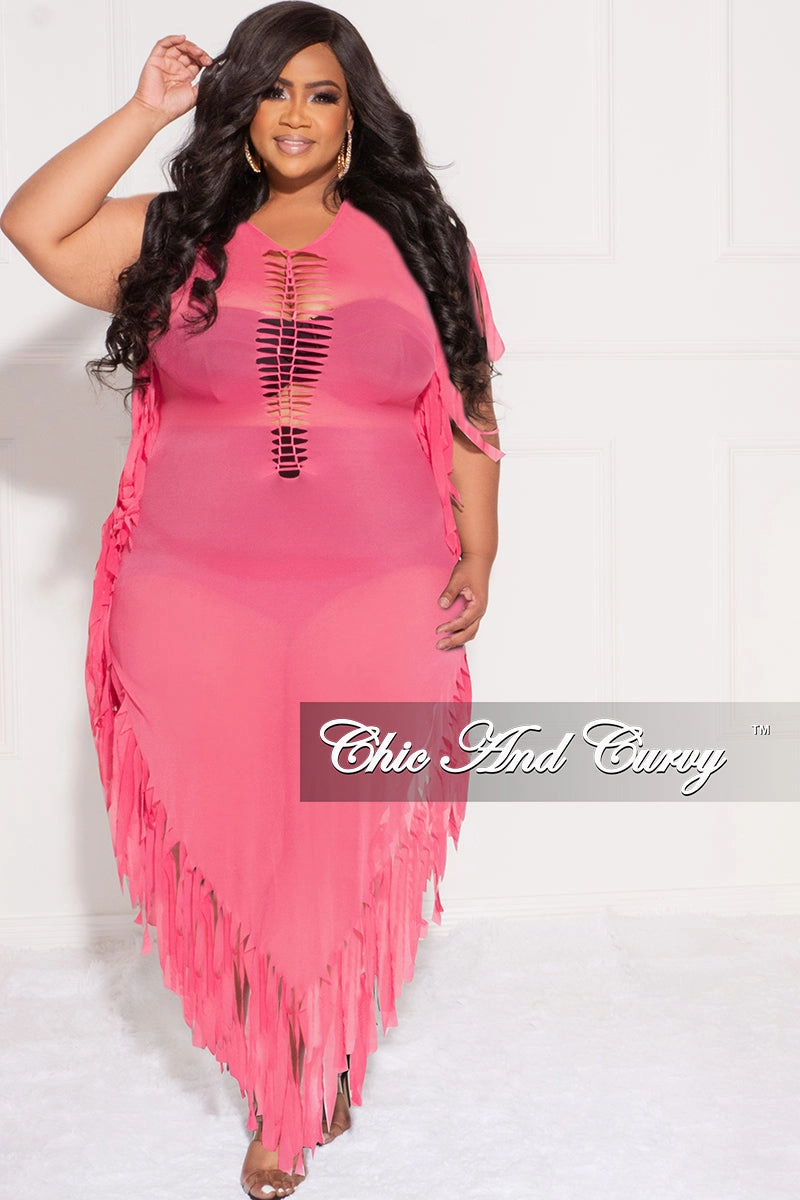 Movement Support Dynamic Flex Panels Final Sale Plus Size Mesh Cover-Up Dress with Cutout Front and Fringe Trim in Hot Pink