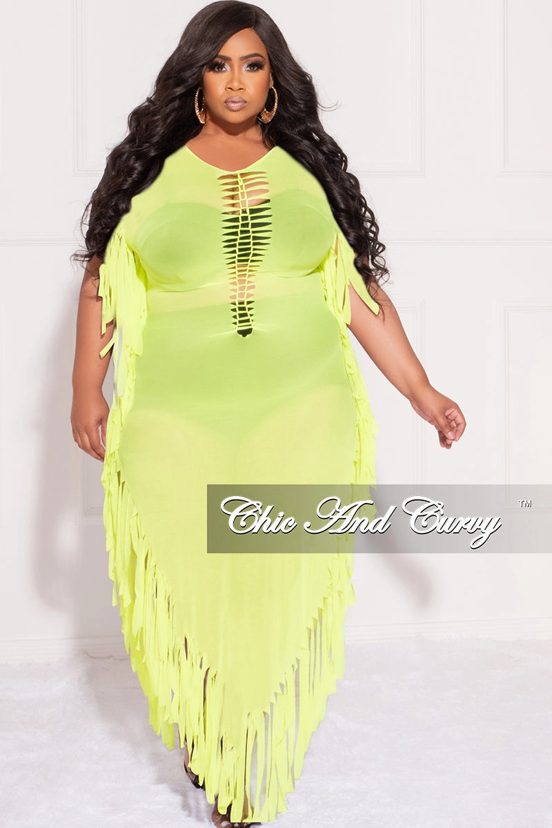 Sporty Design Final Sale Plus Size Mesh Cover-Up Dress with Cutout Front and Fringe Trim in Neon Green