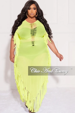 Sporty Design Final Sale Plus Size Mesh Cover-Up Dress with Cutout Front and Fringe Trim in Neon Green