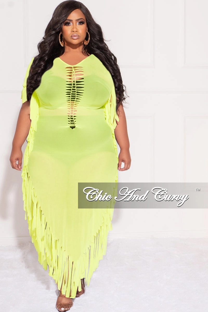 Final Sale Plus Size Mesh Cover-Up Dress with Cutout Front and Fringe Trim in Neon Green Street Ready Flattering Style