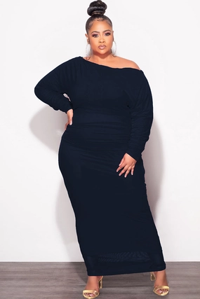 Basic Stretch Final Sale Plus Size Mesh Midi Dress in Navy