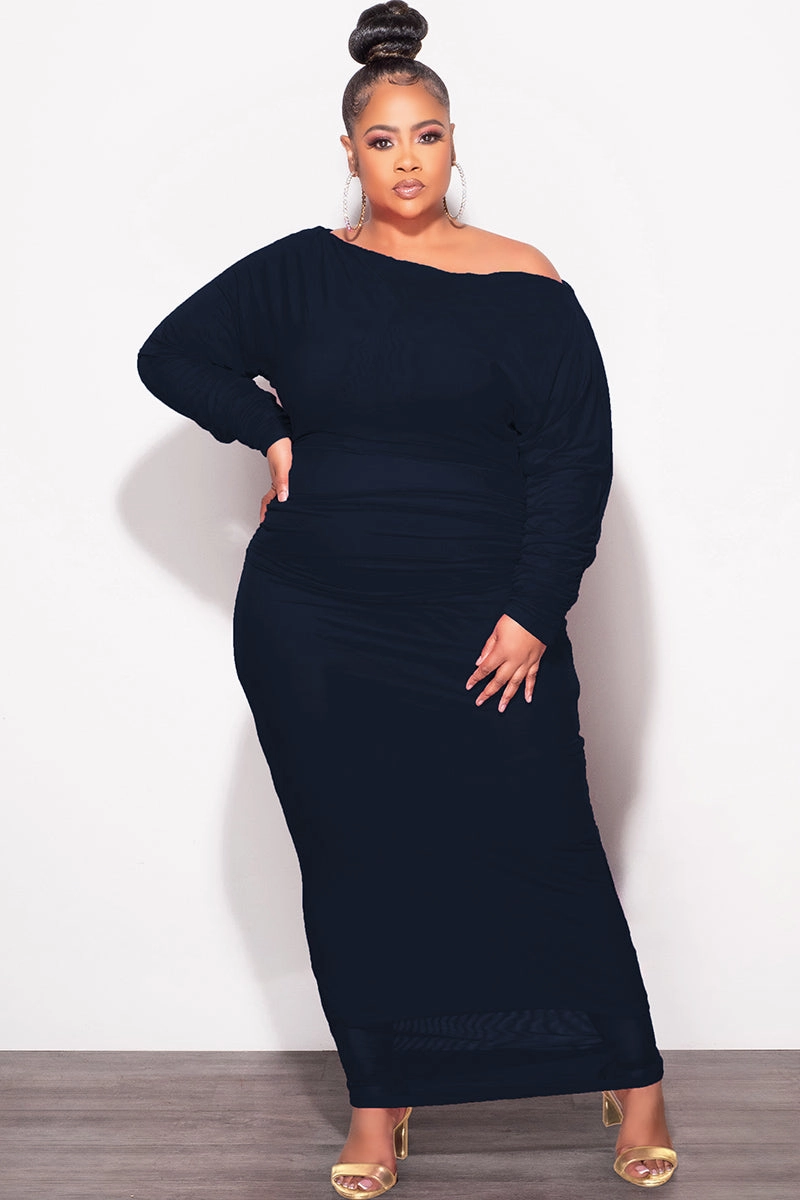 Basic Stretch Final Sale Plus Size Mesh Midi Dress in Navy