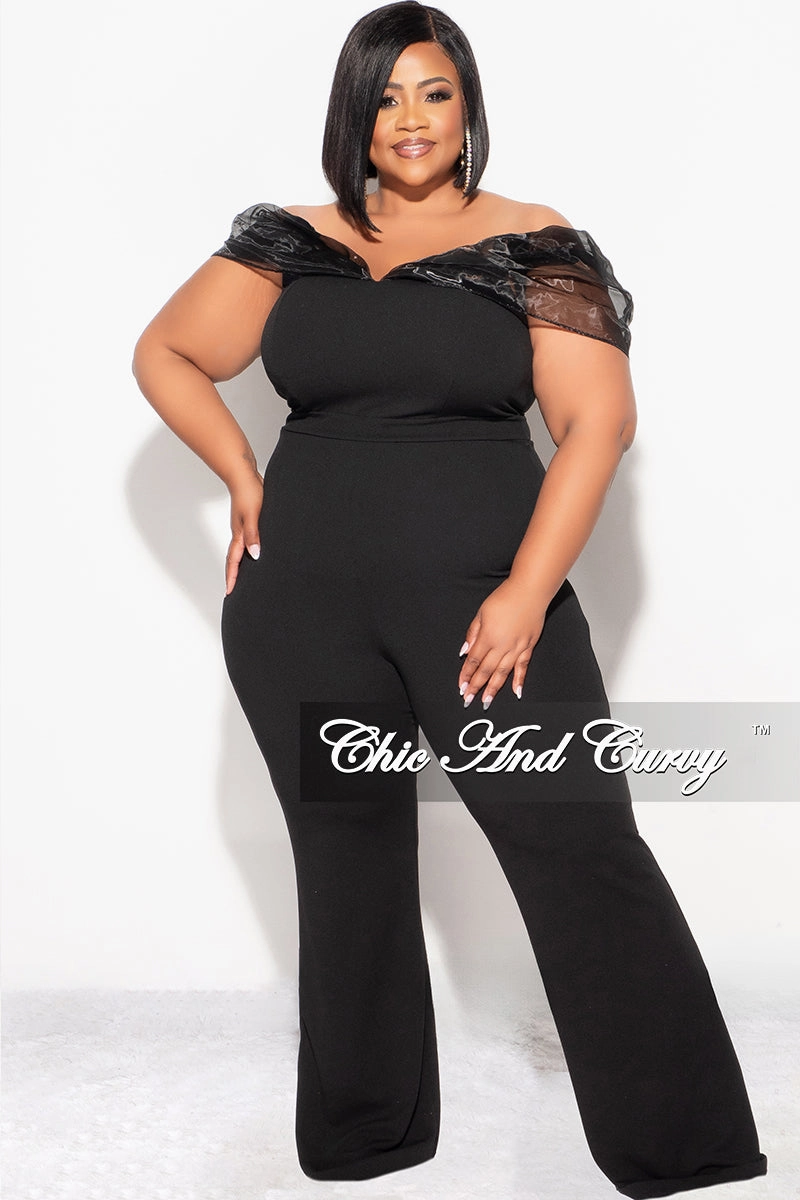 Final Sale Plus Size Mesh Off The Shoulder Plus Size Jumpsuit in Black Chilly Day Comfort