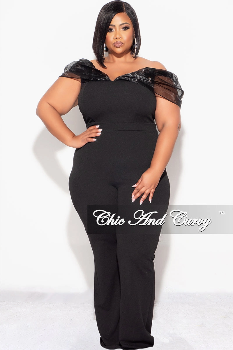 Final Sale Plus Size Mesh Off The Shoulder Plus Size Jumpsuit in Black City Wear