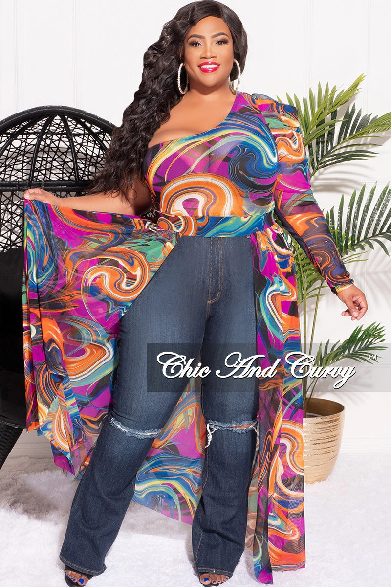 Button front Everyday Must-have Final Sale Plus Size Mesh One Shoulder Top with Train in Purple, Orange & Blue Design Print