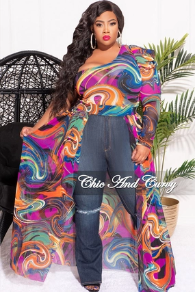 Outdoor Use Stretchable Comfort Final Sale Plus Size Mesh One Shoulder Top with Train in Purple, Orange & Blue Design Print