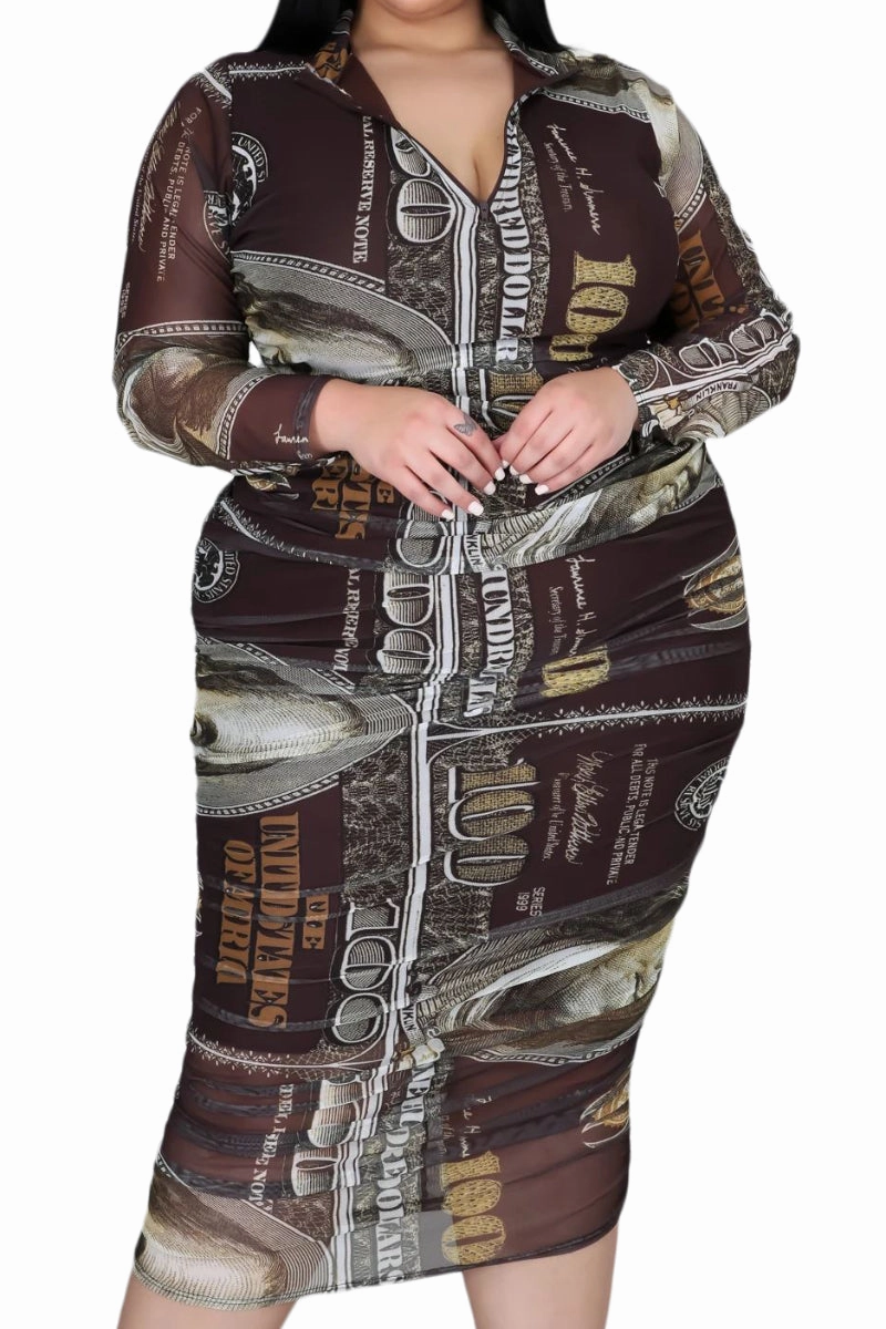 Final Sale Plus Size Mesh Ruched Dress in Brown Money Print Sport Wear Fit Abrasion Resistant Material