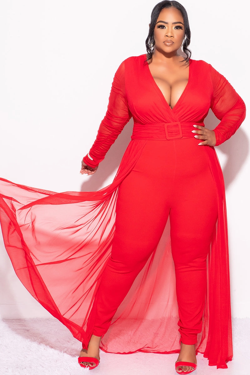 Final Sale Plus Size Mesh Ruched Sleeve Jumpsuit with Attached Long Skirt in Red Timeless Layers
