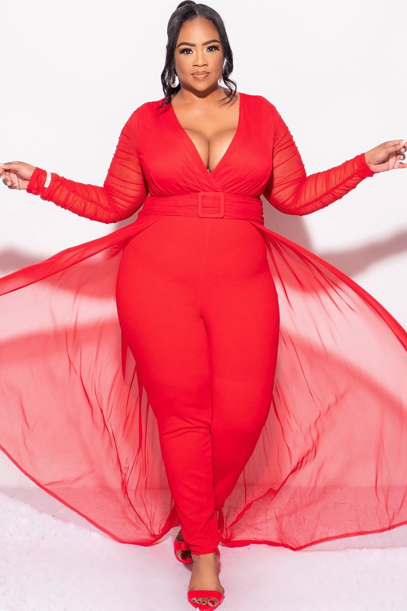Soft Comfort Final Sale Plus Size Mesh Ruched Sleeve Jumpsuit with Attached Long Skirt in Red