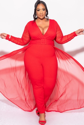 Soft Comfort Final Sale Plus Size Mesh Ruched Sleeve Jumpsuit with Attached Long Skirt in Red