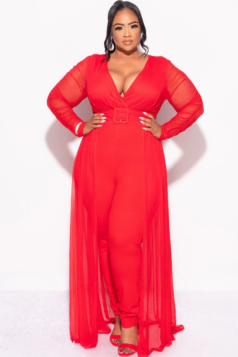 Cozy And Stylish Casual Edge Final Sale Plus Size Mesh Ruched Sleeve Jumpsuit with Attached Long Skirt in Red