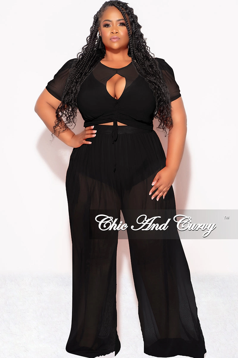 Thermal Regulating Final Sale Plus Size Mesh (See Through) 3pc Set Top, Bralette, & Pant with Briefs in Black