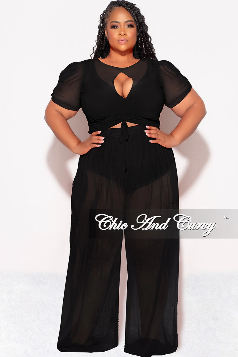 Final Sale Plus Size Mesh (See Through) 3pc Set Top, Bralette, & Pant with Briefs in Black Anti Static Finish