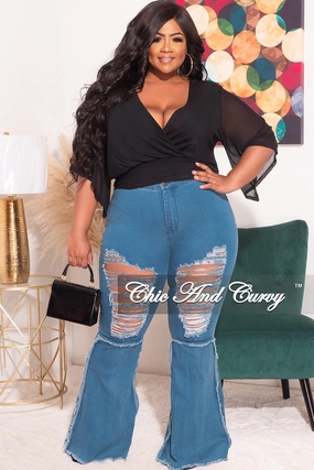 Final Sale Plus Size Mesh See Thru Deep V Faux Wrap Top in Black Comfy Look Chilly Day Layers