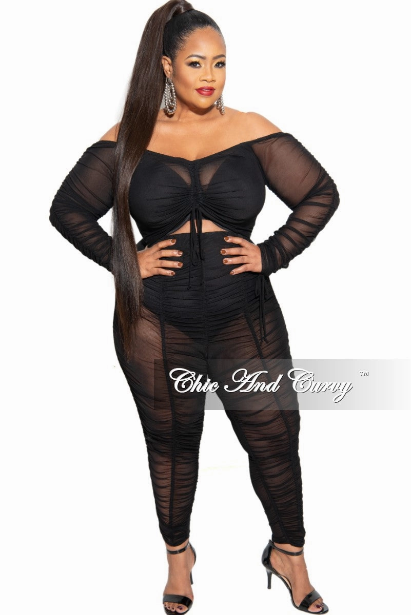 Final Sale Plus Size Mesh Set with Ruching Details Flexible Fabric SecureZipperClosures