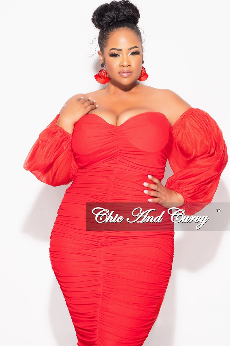 Anti Pilling EcoFriendlyMaterial Final Sale Plus Size Mesh Shirring Tube Midi Dress with Mesh Sleeves in Red