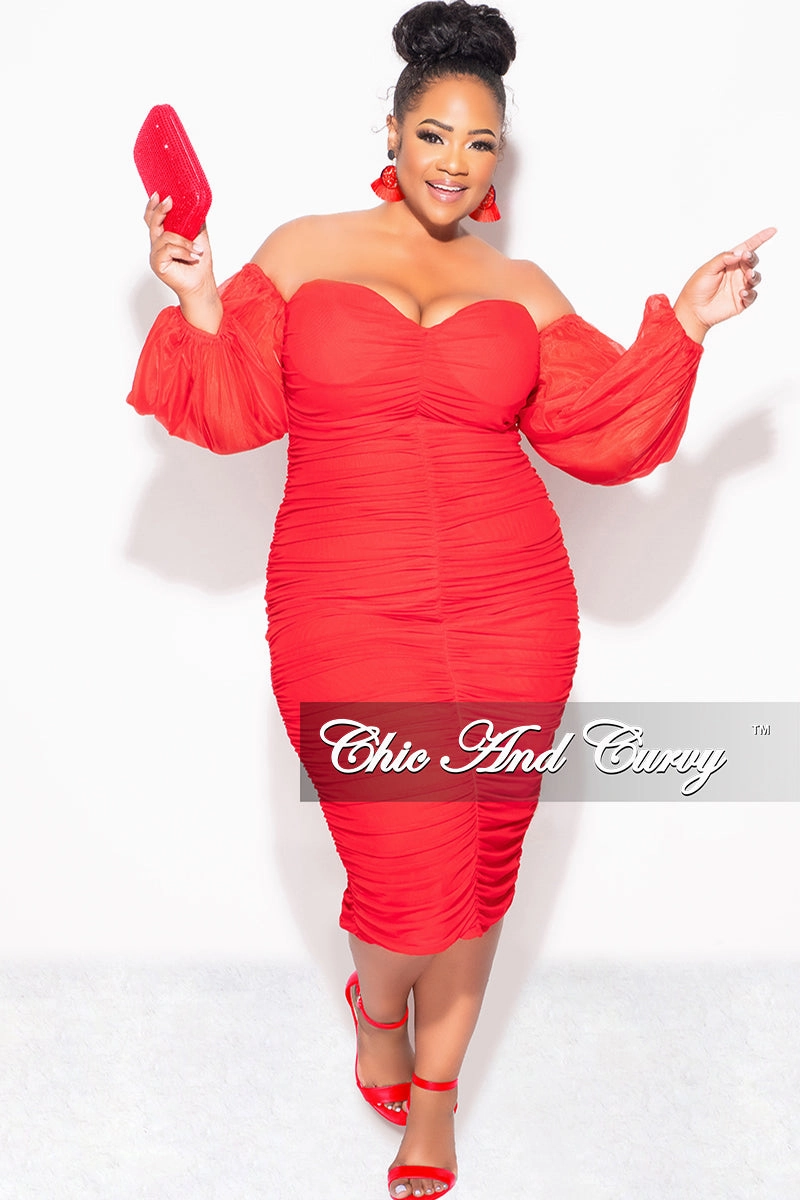 No Pinch Final Sale Plus Size Mesh Shirring Tube Midi Dress with Mesh Sleeves in Red