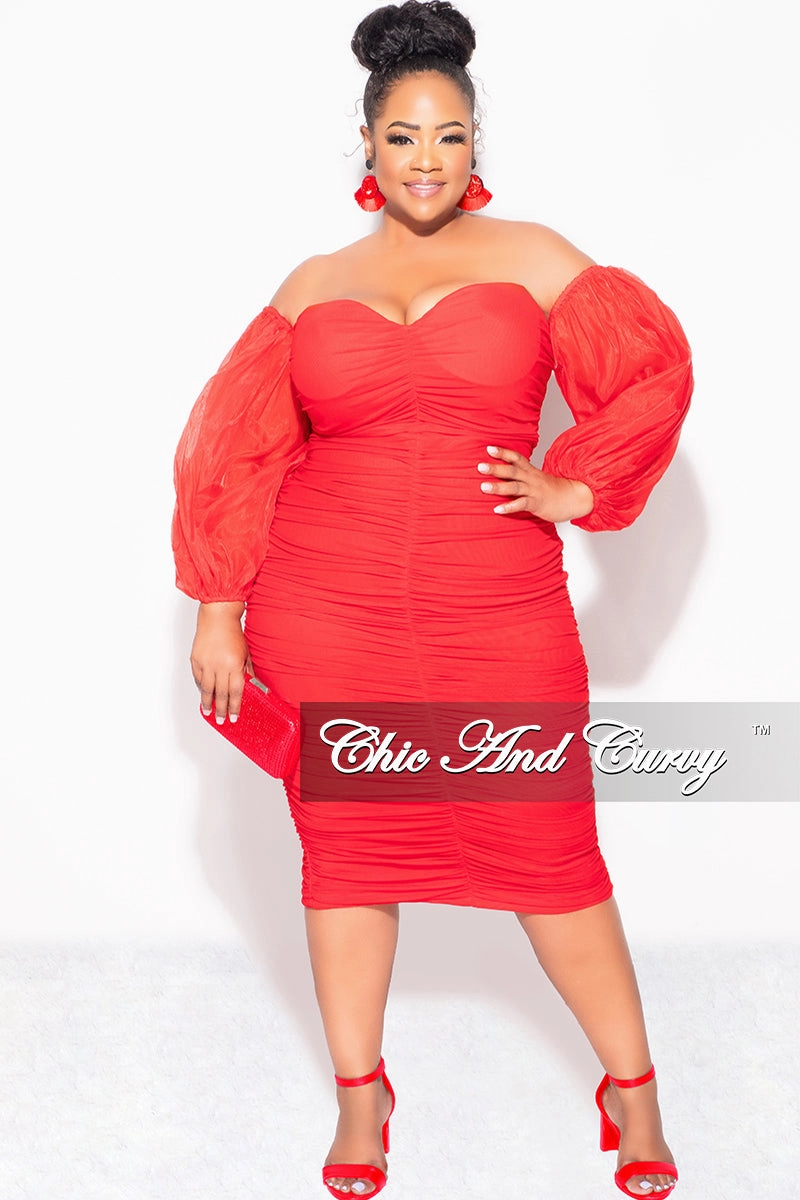 Flexible Waistband Final Sale Plus Size Mesh Shirring Tube Midi Dress with Mesh Sleeves in Red