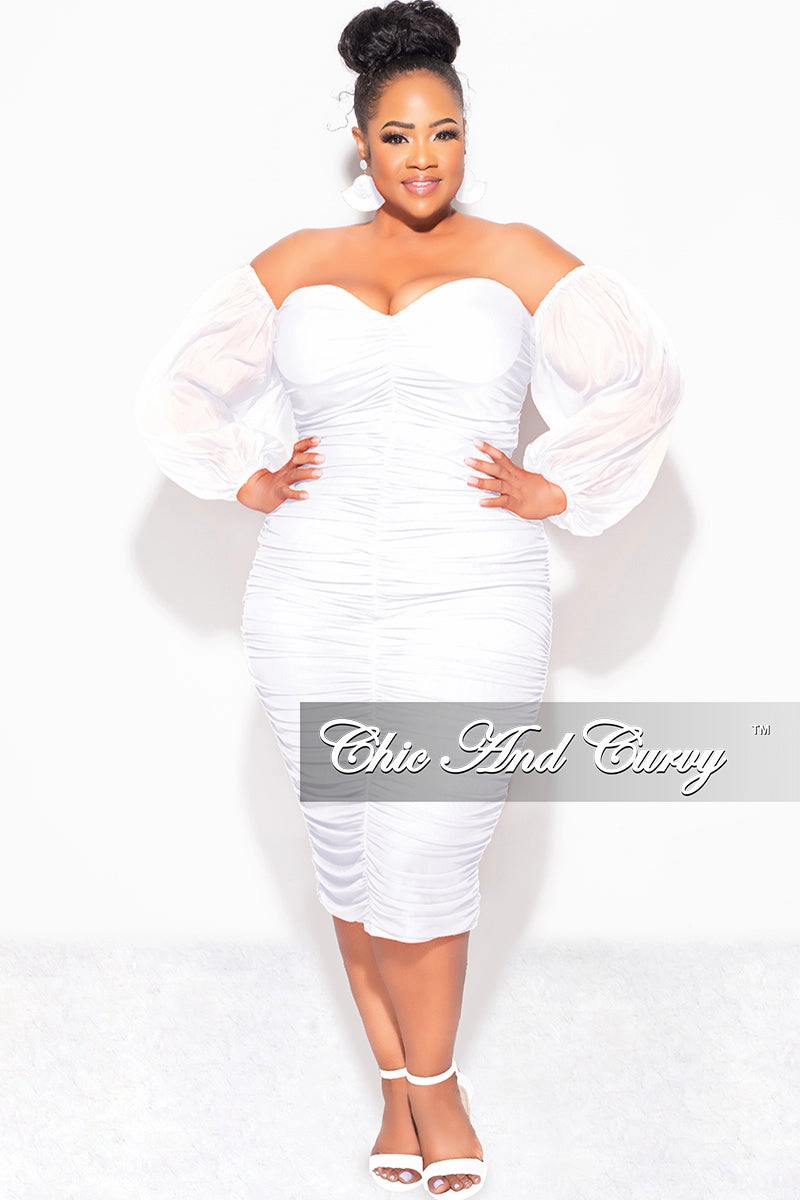 Final Sale Plus Size Mesh Shirring Tube Midi Dress with Mesh Sleeves in White Heat Control