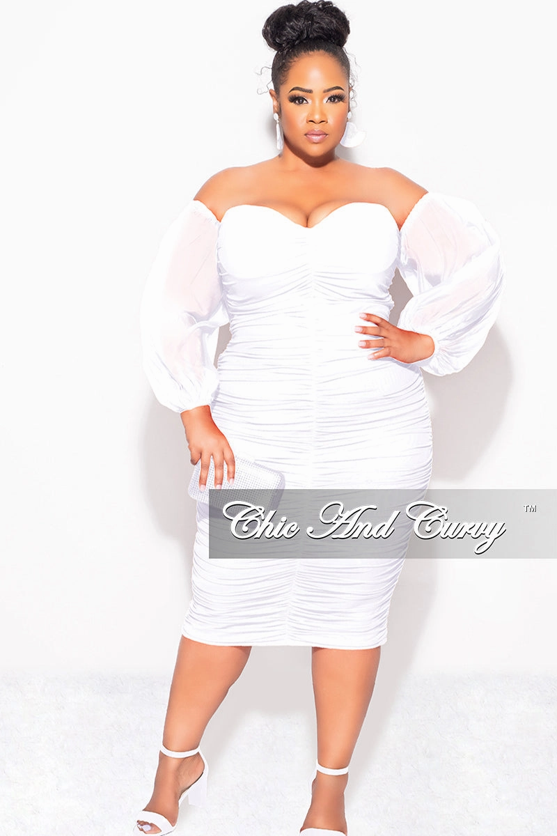 Stylish Waistband No Gap Waist Final Sale Plus Size Mesh Shirring Tube Midi Dress with Mesh Sleeves in White