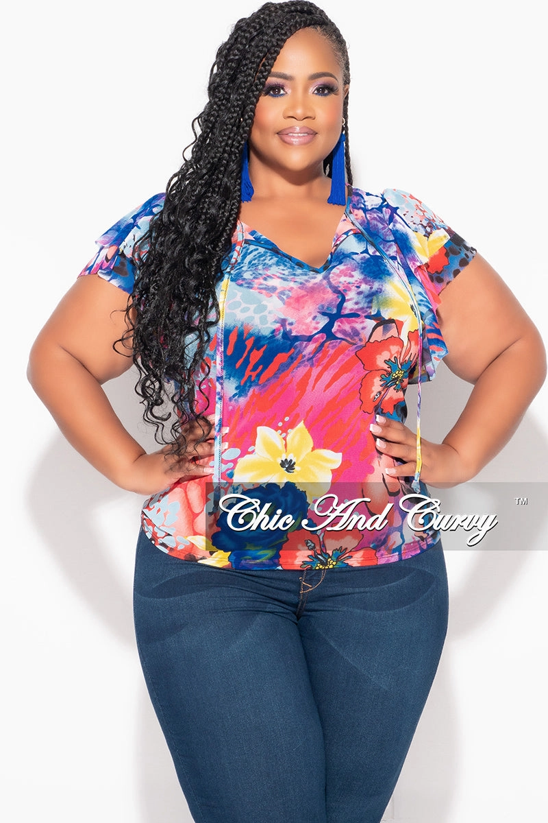 Basic Utility Final Sale Plus Size Mesh Top with Layered Sleeves in Multi Color Print