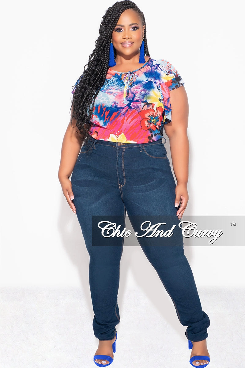 Comfort Flex Final Sale Plus Size Mesh Top with Layered Sleeves in Multi Color Print