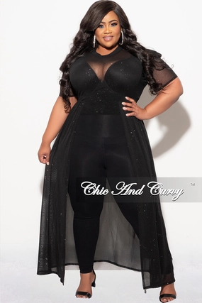Final Sale Plus Size Mesh Top with Train in Black Glitter Active Flex Denim finish