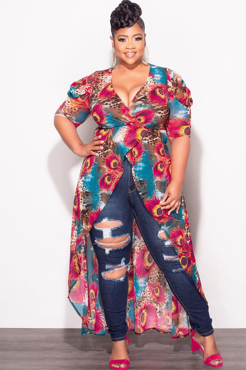 Smart Design Embroidered Detail Final Sale Plus Size Mesh Top with Train in Mixed Animal Print