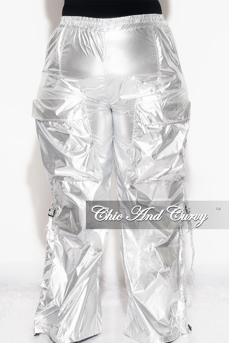 Final Sale Plus Size Metallic Cargo Pants In Silver Double Layered Hem