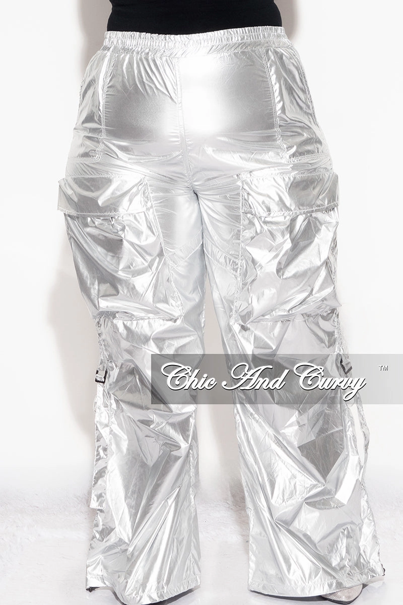 Sweat Wicking Lining Final Sale Plus Size Metallic Cargo Pants In Silver