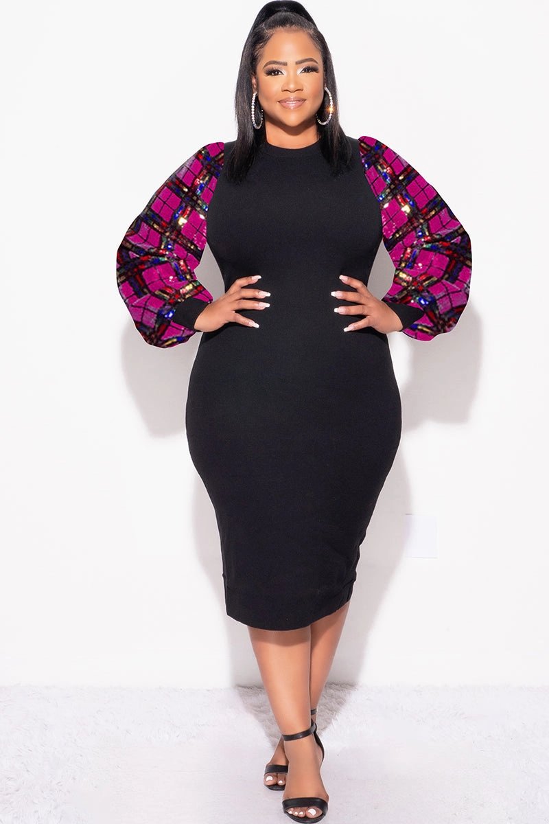 Stretchable Final Sale Plus Size Mid Sweater Dress With Multi Color Sequin Sleeves in Black