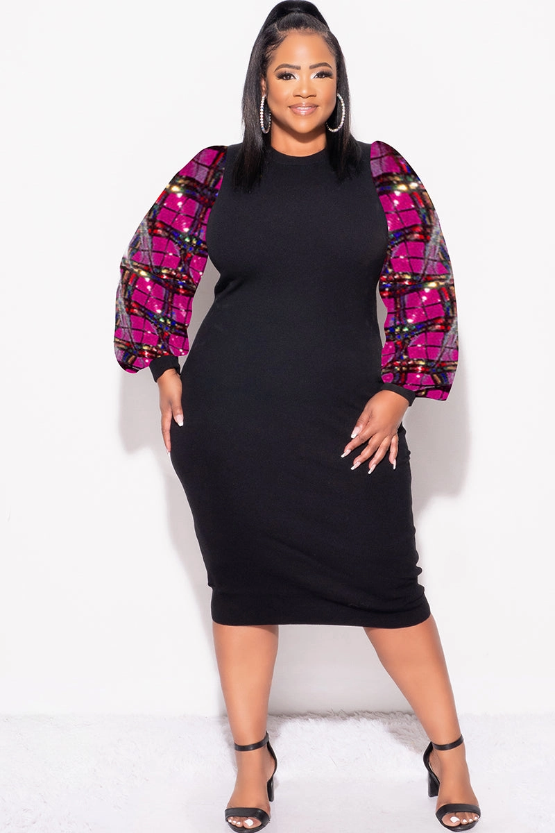 Stylish Layers Final Sale Plus Size Mid Sweater Dress With Multi Color Sequin Sleeves in Black